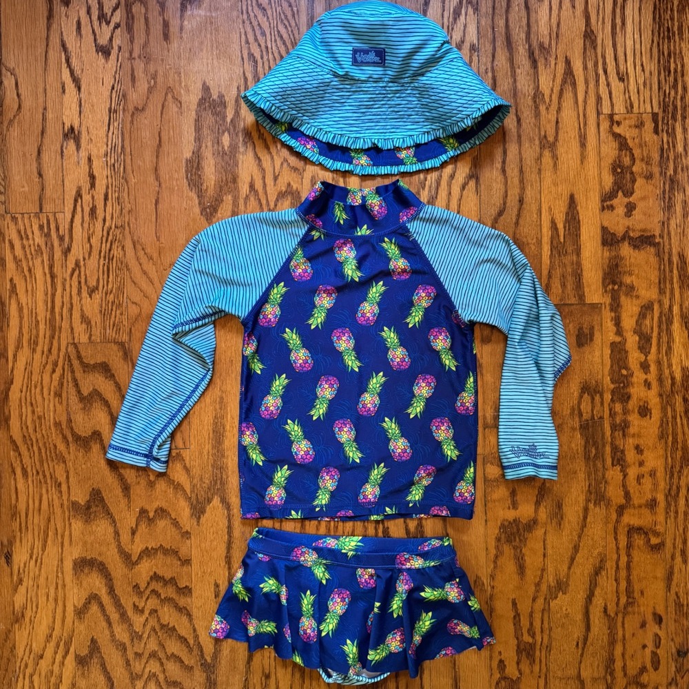 UV Skinz Girls Size 7 Blue Stripe Rainbow Pineapple Rashguard Swim Set UPF 50+